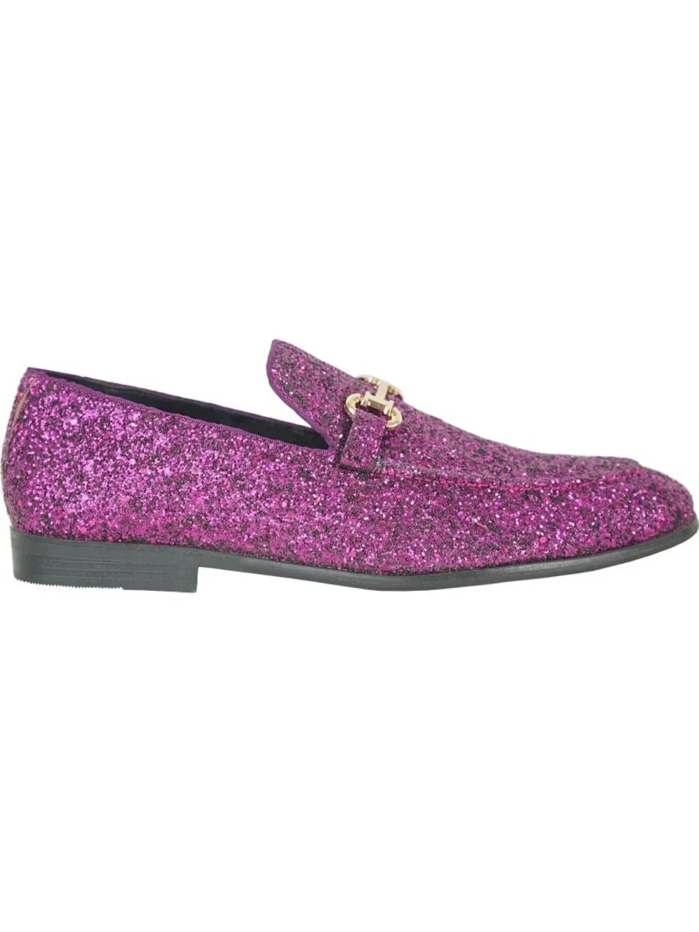 Men's Purple Glitter Loafers Metal Buckle Cap Toe Metallic Slip On Party Shoes